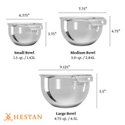 Hestan Provisions | Stainless Steel Mixing Bowl Set, 3 pc, showcasing three sizes with capacities and dimensions, ideal for versatile cooking needs and crafted for durability.