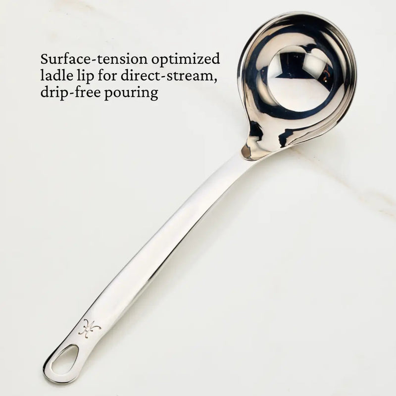 Hestan Provisions | Stainless Steel Ladle, 13 (5oz), featuring a polished ergonomic handle and a surface-tension optimized lip for drip-free pouring, ideal for discerning cooks.