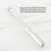 Hestan Provisions | Stainless Steel French Whisk, 9 features a long, narrow design with thick tines for reaching deep pot corners, ideal for rigorous mixing.
