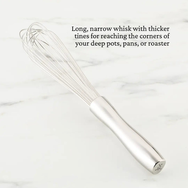 Hestan Provisions | Stainless Steel French Whisk, 9 features a long, narrow design with thick tines for reaching deep pot corners, ideal for rigorous mixing.