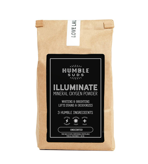 Humble Suds | ILLUMINATE Oxygen+ Mineral Powder, 40 oz kraft-paper pouch for laundry boosting and stain removal, marked as 100% compostable/recyclable.