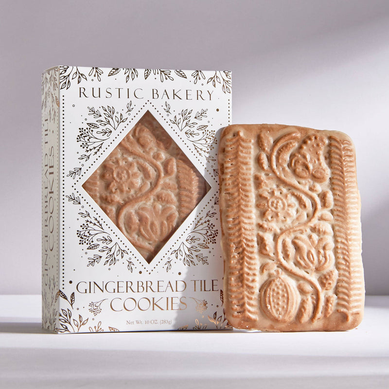 Rustic Bakery - Large Gingerbread Tiles (8 Boxes): Decorative floral-patterned gingerbread cookie with vanilla glaze, packaged elegantly, highlighting holiday spices.