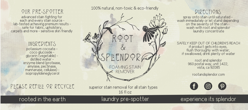 Root & Splendor Foaming Stain Remover in eco-friendly fiber bottle, part of Athens Cooks' sustainable kitchen solutions for effective stain removal.