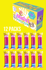 Malvi Mallow - Cotton Candy 4-Pack Marshmallows, Case of 12 Packs, featuring fluffy, all-natural marshmallows with honey and sprinkles, perfect for sweetening treats or enjoying straight from the package.