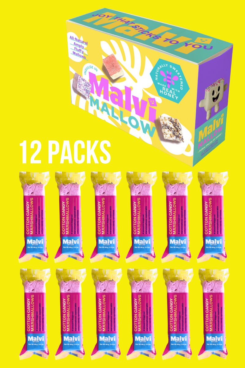 Malvi Mallow - Cotton Candy 4-Pack Marshmallows, Case of 12 Packs, featuring fluffy, all-natural marshmallows with honey and sprinkles, perfect for sweetening treats or enjoying straight from the package.