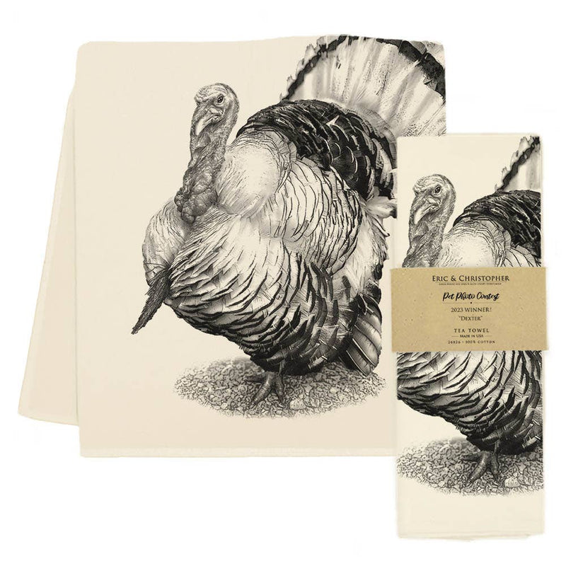 Eric & Christopher - *NEW* Turkey Tea Towel - Dexter, featuring a detailed turkey illustration, winner of the 2023 Pet Photo Contest, made from 100% cotton.