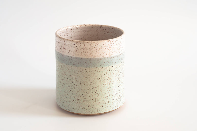 RachaelPots - Kitchen Utensil Holder: Sage, a handcrafted ceramic vessel with a speckled glaze, ideal for organizing utensils. Made in Brooklyn; microwave and dishwasher safe.