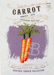 Bentley Seed Co. - Carrot-Nantes 1870 seed packet, featuring two illustrated carrots, priced at $3.99 for 600 mg. Ideal for container gardening.