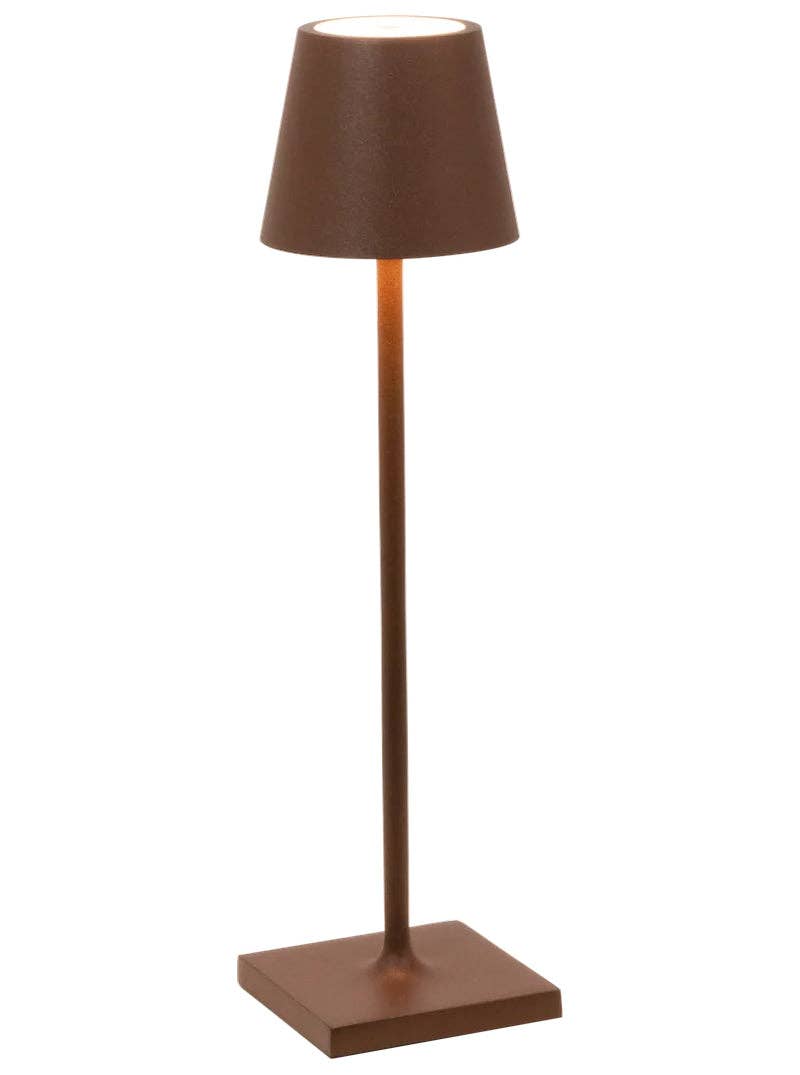 Zafferano America - Poldina Pro Micro Cordless Lamp: White, featuring a sleek design with brown shade and metal base, ideal for versatile lighting needs.