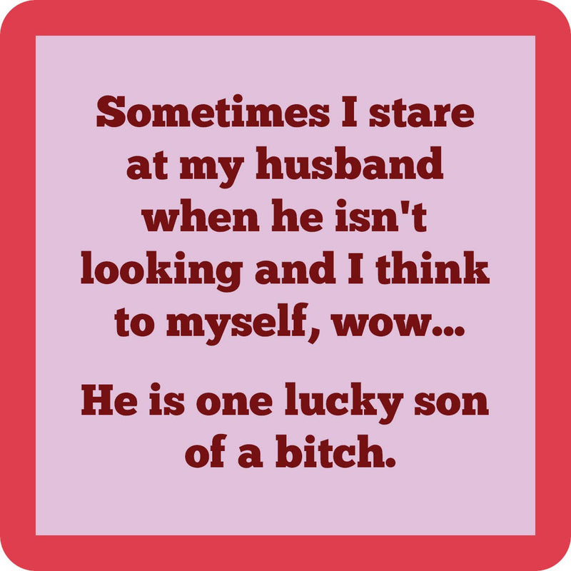 Drinks on Me - COASTER Lucky Son Of A Bitch; a humorous, 4”x4” resin coaster with cork backing, perfect for adding charm to bar decor.