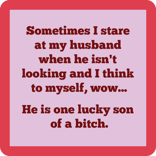 Drinks on Me - COASTER Lucky Son Of A Bitch; a humorous, 4”x4” resin coaster with cork backing, perfect for adding charm to bar decor.