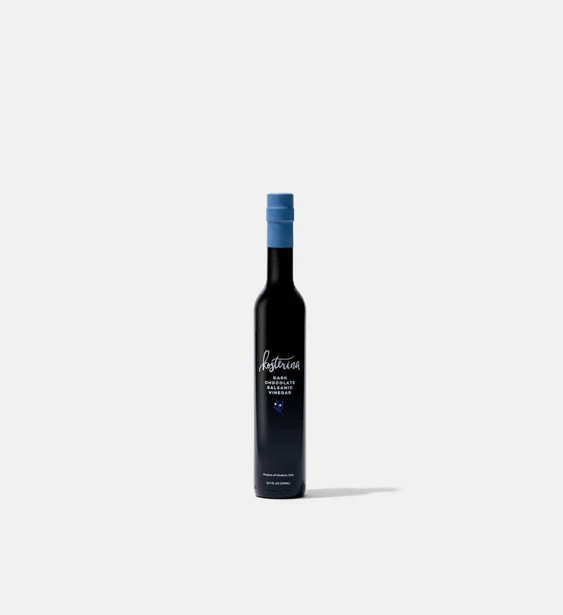 Kosterina - Dark Chocolate Balsamic Vinegar (375ml) bottle with a blue cap, perfect for enhancing sweet dishes with its rich, aromatic flavor.