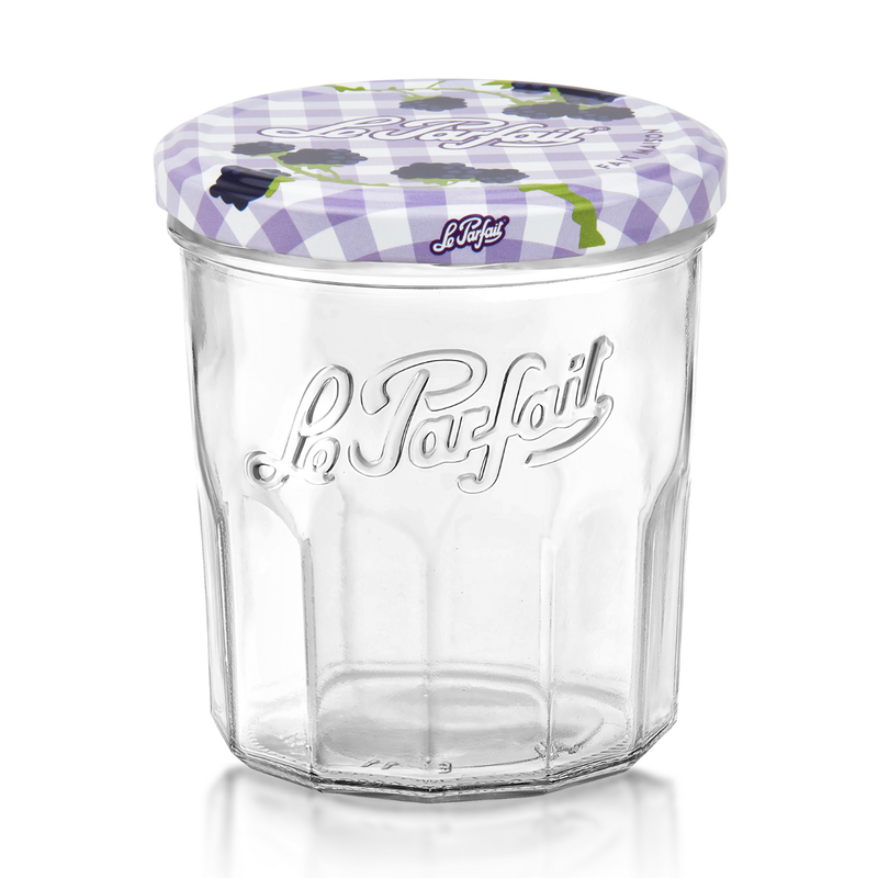 Le Parfait | Faceted French Jam Jar with a purple gingham lid, ideal for preserving and storage. Embossed logo and stylish design reflect Athens Cooks' curated kitchen tools.