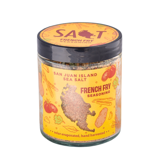 San Juan Island Sea Salt - French Fry Seasoning Blend in a glass jar, perfect for enhancing fries with a savory mix of sea salt and spices.