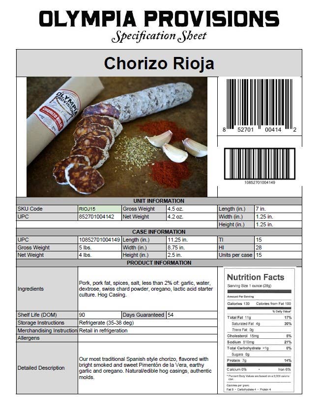 Olympia Provisions - Chorizo Rioja: Sliced chorizo with garlic and spices, alongside product details and barcodes on a specification sheet.