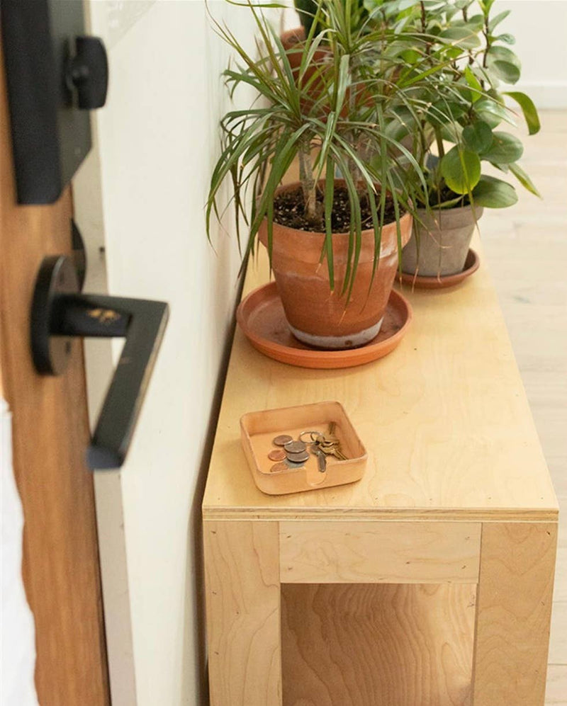 Graf Lantz - Kobon Leather Square Tray on a table, holding coins and keys, with potted plants nearby, showcasing elegant organization in a kitchen setting.