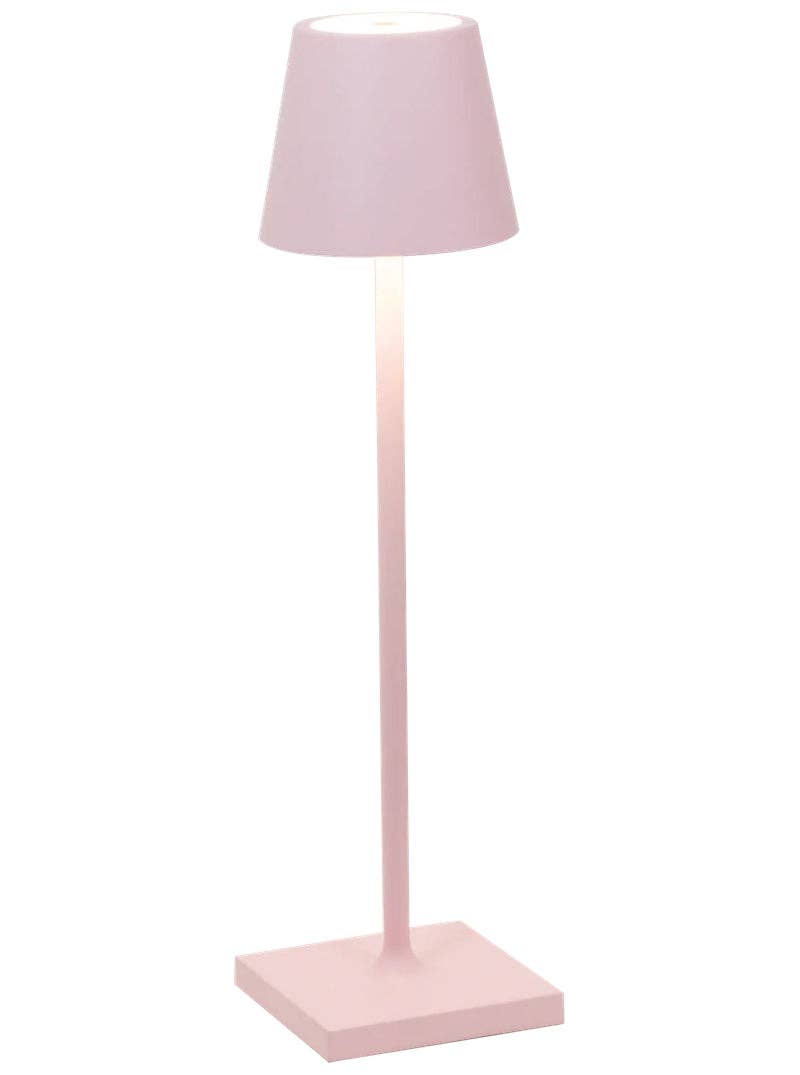 Zafferano America - Poldina Pro Micro Cordless Lamp: White, featuring a sleek pink design with a white shade and touch dimming, perfect for versatile lighting solutions.
