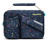 PlanetBox Rover-Launch Carry Bag - Watermelon: Dark-blue insulated tote with paint splatter design, two front pockets, zippered main compartment, and adjustable strap for versatile carrying.