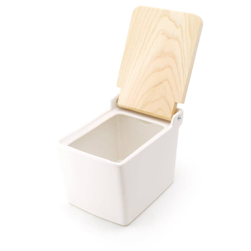 Zero Japan | Bee House Ceramic Salt Box With Wooden Lid & Dehumidifying Measuring Spoon, White