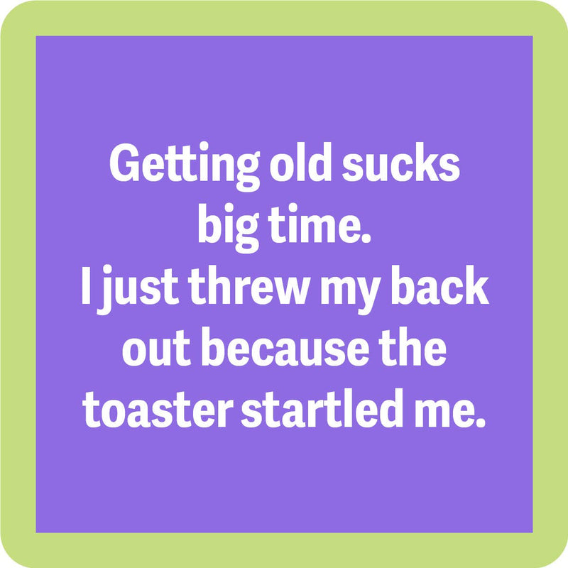 Funny coaster by Drinks on Me with Threw Out Back joke, ideal for home bar decor or party gifts, 4x4, resin and cork.