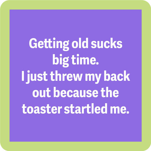 Funny coaster by Drinks on Me with Threw Out Back joke, ideal for home bar decor or party gifts, 4x4, resin and cork.