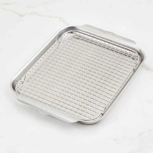 Hestan Provisions | OvenBond Tri-Ply Bakeware, Medium Sheet Pan with Rack, featuring a stainless-steel finish and removable wire rack, ideal for even heat distribution and roasting.