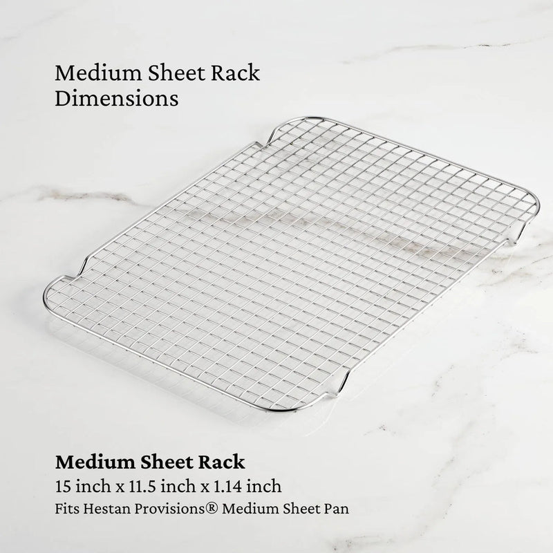 Hestan | OvenBond Tri-Ply Bakeware, Medium Rack Only, chrome-plated wire rack on marble, fits medium sheet pan, enhances baking with optimal air circulation.