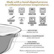 Golden Rabbit Home - Blue Crab Serving Basin, a durable 4 qt enamel bowl with stainless steel rim, dishwasher and oven safe, ideal for stylish serving.