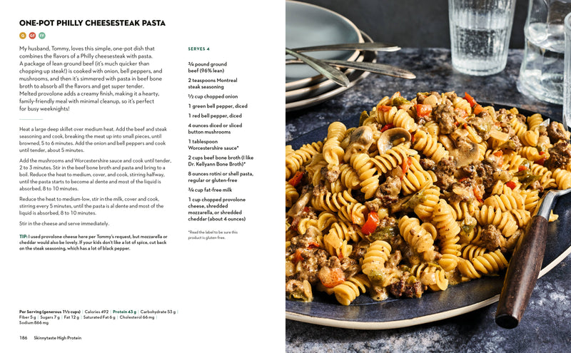Skinnytaste High Protein cookbook spread featuring a One-Pot Philly Cheesesteak Pasta recipe with ingredients, cooking steps, and a plated dish photo.
