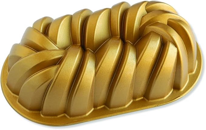 Nordic Ware | Braided Loaf Pan featuring an elegant swirl design, crafted from cast aluminum for even baking, with easy-release nonstick coating and a 6-cup capacity.