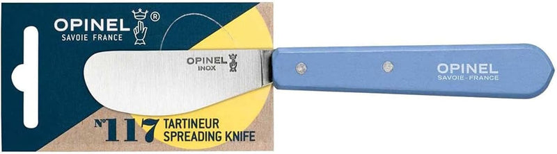 Opinel | Essential Spreading Knife, Skyblue, with a stainless-steel blade in retail packaging, ideal for spreading jams and condiments.