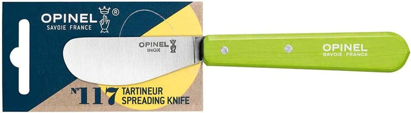 Opinel | Essential Spreading Knife, Apple Green: A stainless steel spreader with a green wooden handle, ideal for spreading butter, jams, and more, enhancing any kitchen collection.