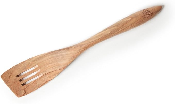 Berard 12.5-inch Olivewood Spatula, showcasing unique grain patterns, handcrafted for durability and elegance in the kitchen.