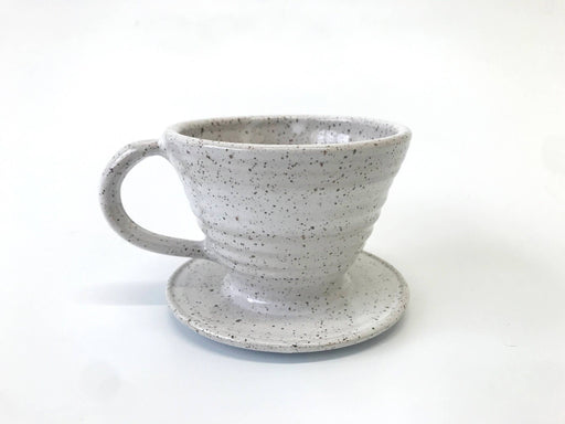 RachaelPots - Coffee Pour Over Cone W/Handle: White, hand-thrown speckled ceramic dripper, fits most mugs, 3 inches tall, made in Brooklyn, microwave and dishwasher safe.