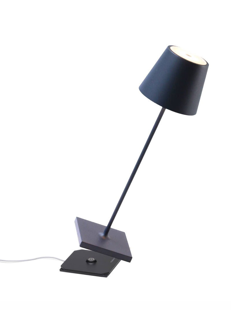 Zafferano America - Poldina Pro Cordless Lamp: Rust, features a minimalist design with a black metal stem, conical shade, and square base, ideal for modern kitchens.
