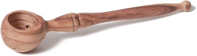 Berard Olivewood Olive Spoon, handcrafted from sustainable olive wood, featuring a long handle and a round scoop with draining holes, ideal for serving olives.