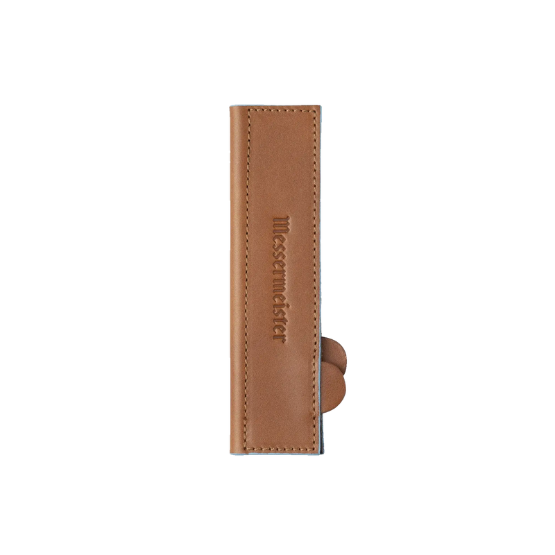 Messermeister - Leather Magnetic Edge-Guard - 10.5: Brown leather sheath with embossed logo, designed to protect large kitchen knives with magnetic closure and felt interior.