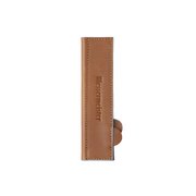 Messermeister - Leather Magnetic Edge-Guard - 8.5: Brown leather blade guard with Messermeister embossing, designed for safe knife storage with a secure magnetic closure.