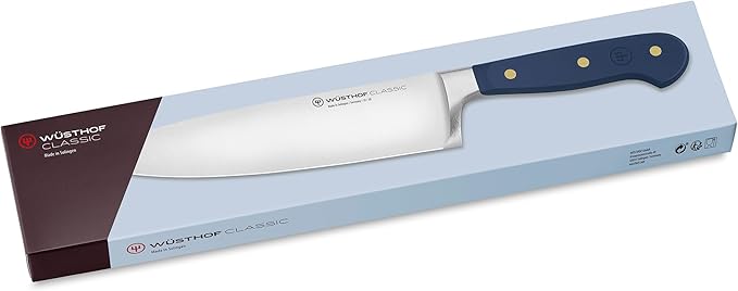 Wüsthof Classic 8 Chef's Knife Wild Blueberry displayed in its box, highlighting its precision blade and craftsmanship. Ideal for culinary enthusiasts from Athens Cooks.
