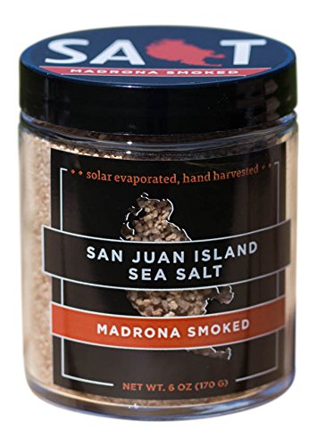 San Juan Island Sea Salt | Madrona Smoked Sea Salt jar, lid off, displaying fine, smoked sea salt crystals. A unique seasoning ideal for gourmet cooking.