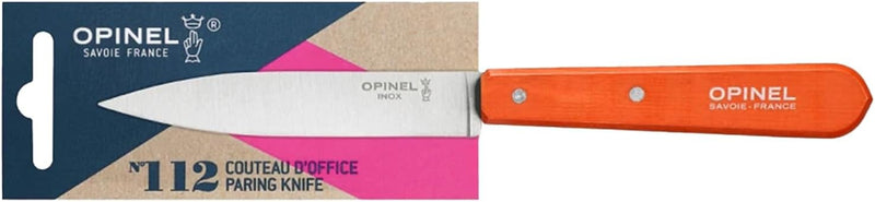 Opinel | Essential Paring Knife, Tangerine, featuring a stainless-steel blade and red wooden handle, packaged with branded backing from Athens Cooks.