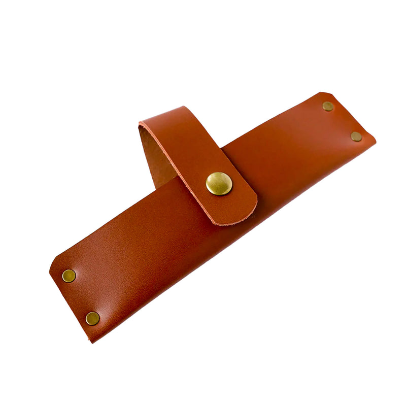 Lamson's leather sheath for a 7.25 meat cleaver, featuring a strap and gold rivets, tailored for culinary enthusiasts at Athens Cooks.