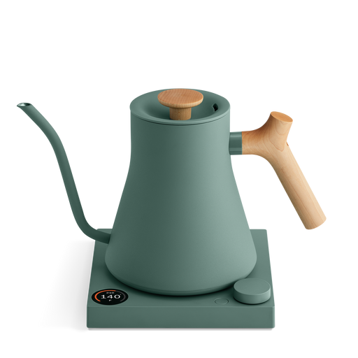 FELLOW - Stagg EKG Pro Electric Kettle: Smoke Green w/ Maple, featuring gooseneck spout, wooden accents, temperature display, and control dial on base for precision brewing.
