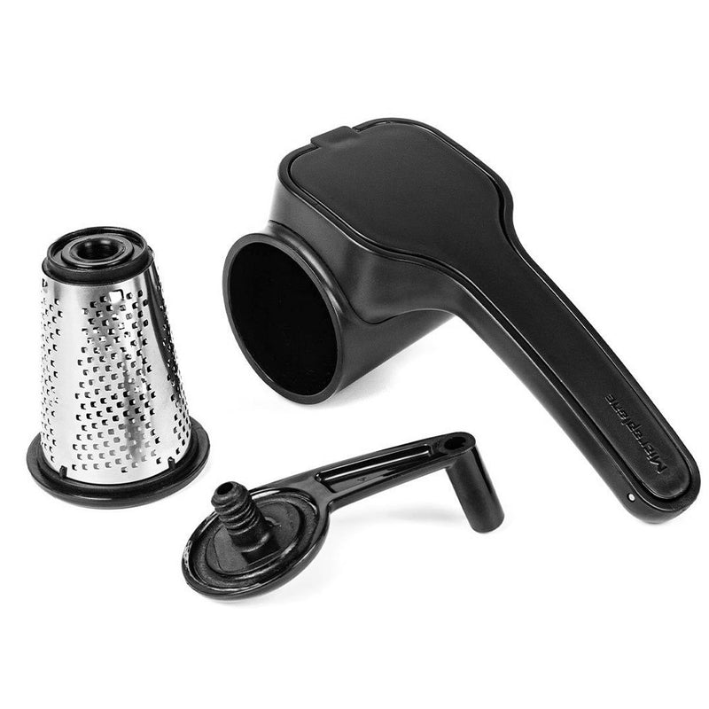 Microplane Rotary Grater close-up, featuring a black handle and silver grating surface, ideal for efficient cheese grating tasks.