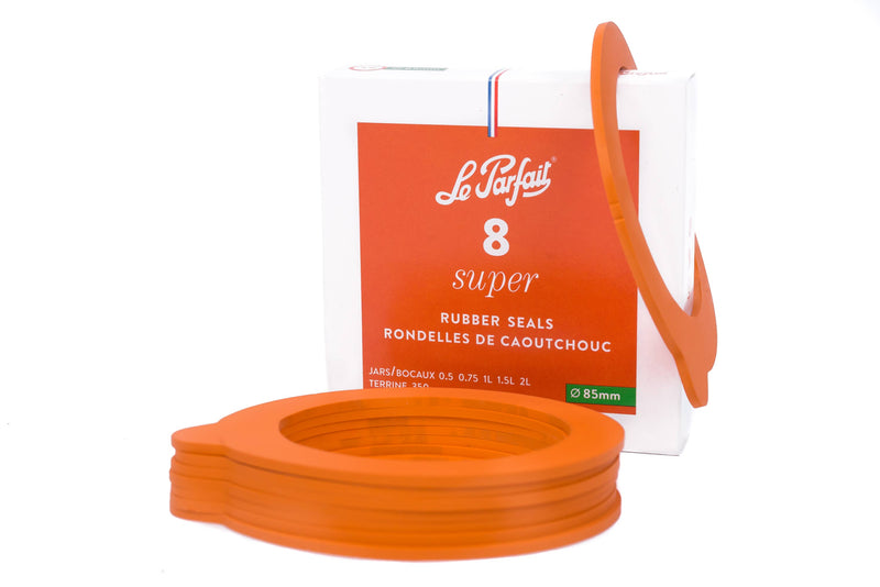 Le Parfait - Rubber Seals for Super Jars and Super Terrines: 85mm, pack of eight orange gaskets for preserving jars, compatible with various jar sizes.