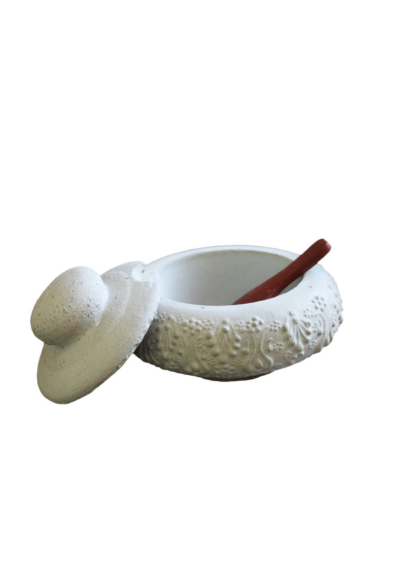 Coppermill Kitchen LLC - Vintage Inspired French Salt Cellar with a textured finish, featuring a droplet pattern, lid, and included wooden spoon inside.