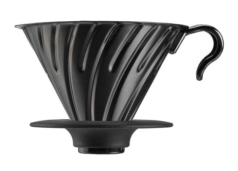 HARIO USA - V60 Metal Dripper: Silver, a stainless steel pour-over coffee dripper with spiral ridges for precision brewing, shown atop a silicone holder with a measuring spoon.