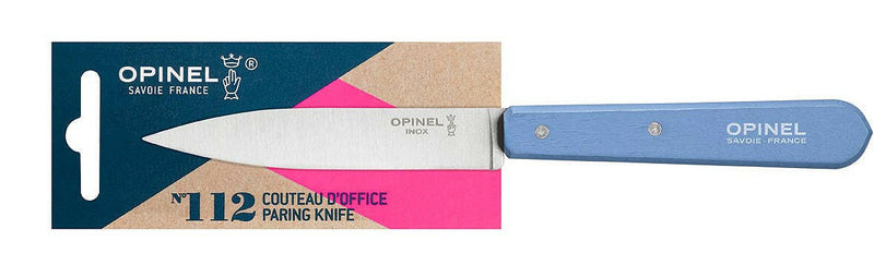 Opinel Essential Birdsbeak Vegetable Knife with a 3-inch stainless-steel blade and light blue wood handle, perfect for precise kitchen tasks. Packaged with Opinel branding.