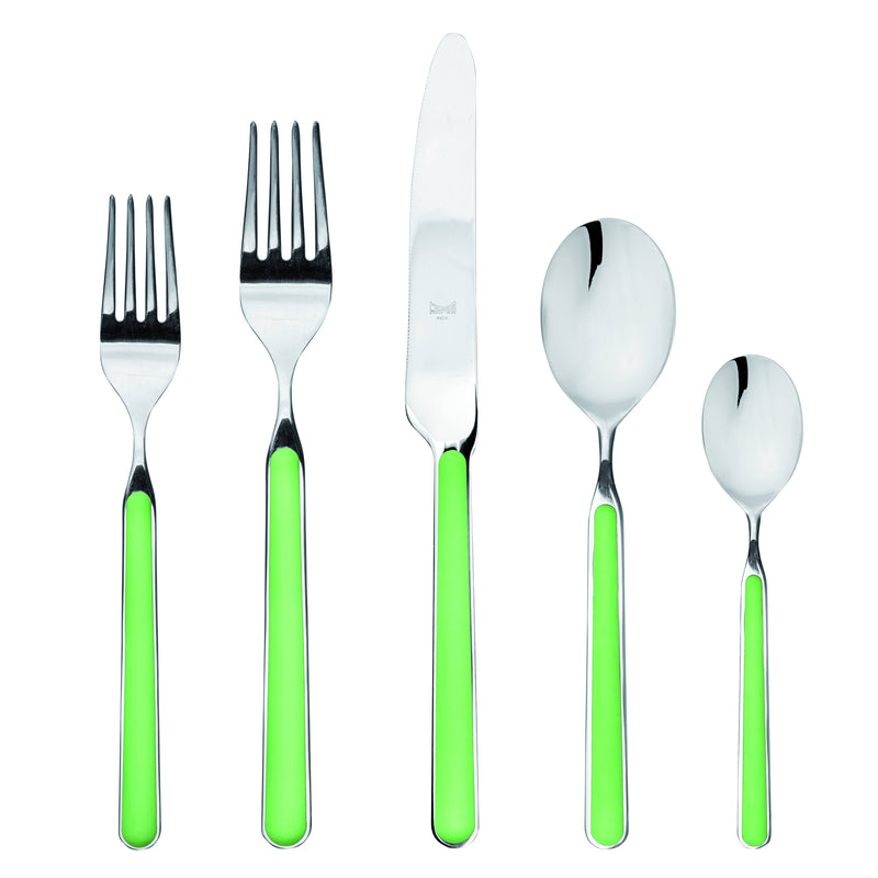 Mepra SPA - Place Set 5 Pcs Fantasia: Turtle-dove, featuring silverware with green handles, crafted from high-quality stainless steel and resin, ideal for elegant dining.