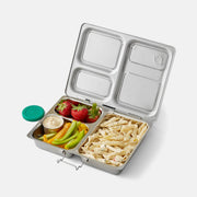 PlanetBox - Launch Stainless Steel Lunch Box with pasta and vegetables, featuring three large compartments and a leakproof dipper for wet foods.